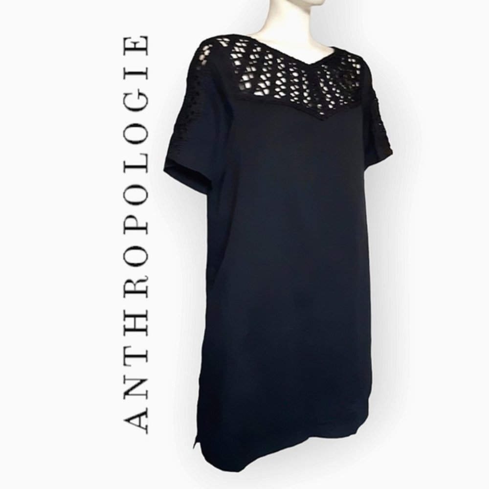 Anthropologie black crochet linen cotton cutout short sleeve shift dress pockets